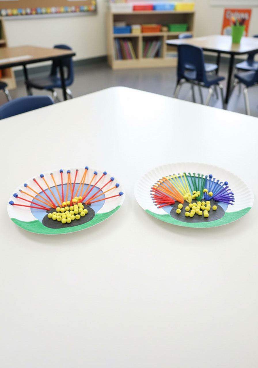 Two rainbow pot of gold lacing crafts showing different skill levels demonstrating fine motor progression