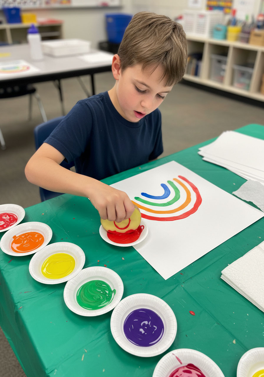 Child making rainbow potato stamp art for St. Patrick's Day - boy using carved potato to stamp colorful arcs on paper