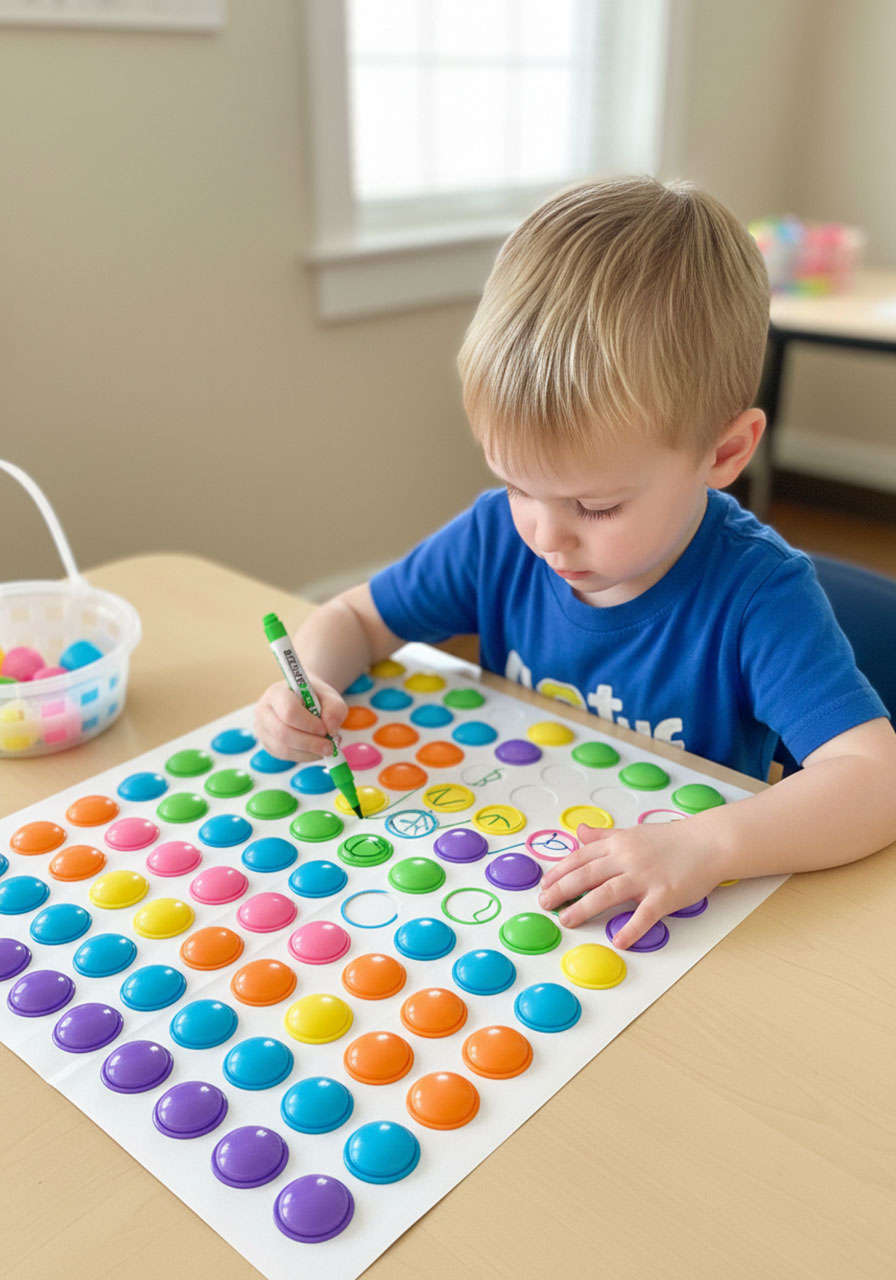 Preschooler doing Easter egg puzzle extension activity by connecting same-colored dots with marker lines