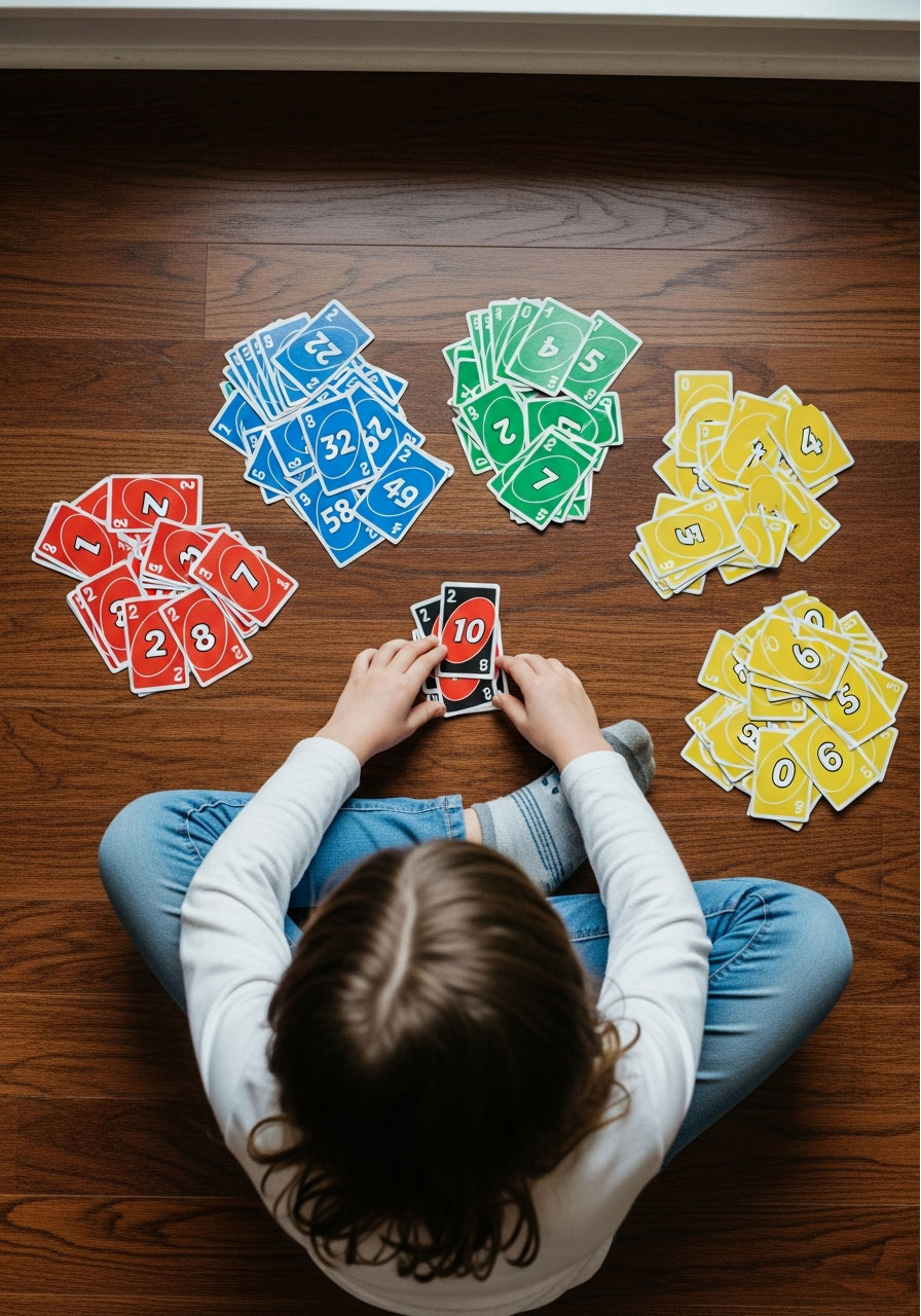 Young girl sorting UNO cards by color into organized piles on floor for early learning activity