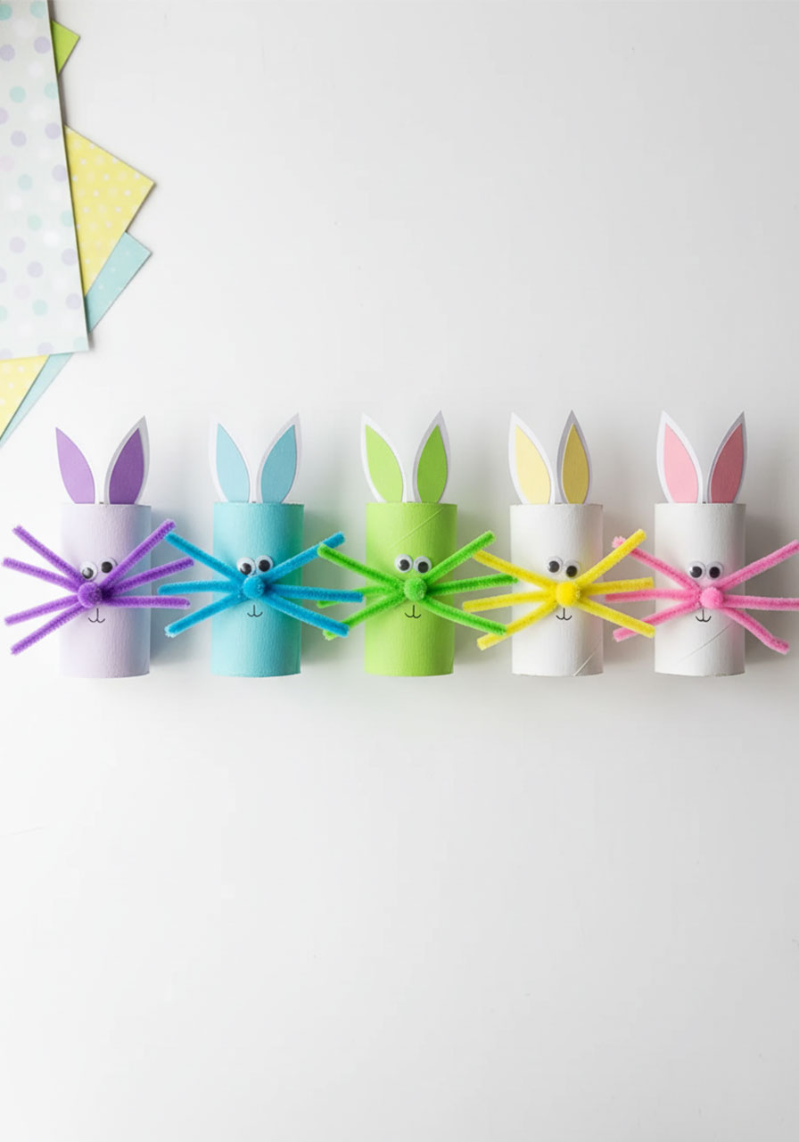 Five colorful toilet paper roll bunnies in purple, blue, green, yellow, and pink showing rainbow craft variations	