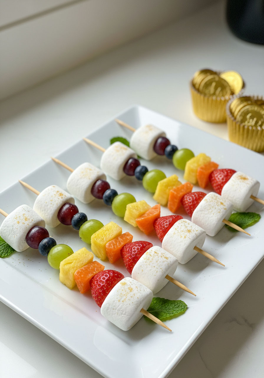 Healthy rainbow fruit kabobs with marshmallow clouds and gold chocolate coin pots for St. Patrick's Day kids party snack