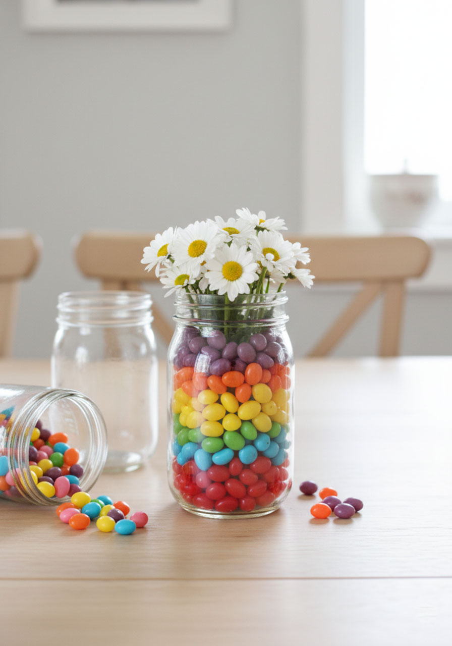 ainbow layered jelly bean jar Easter centerpiece with horizontal color bands and white daisies