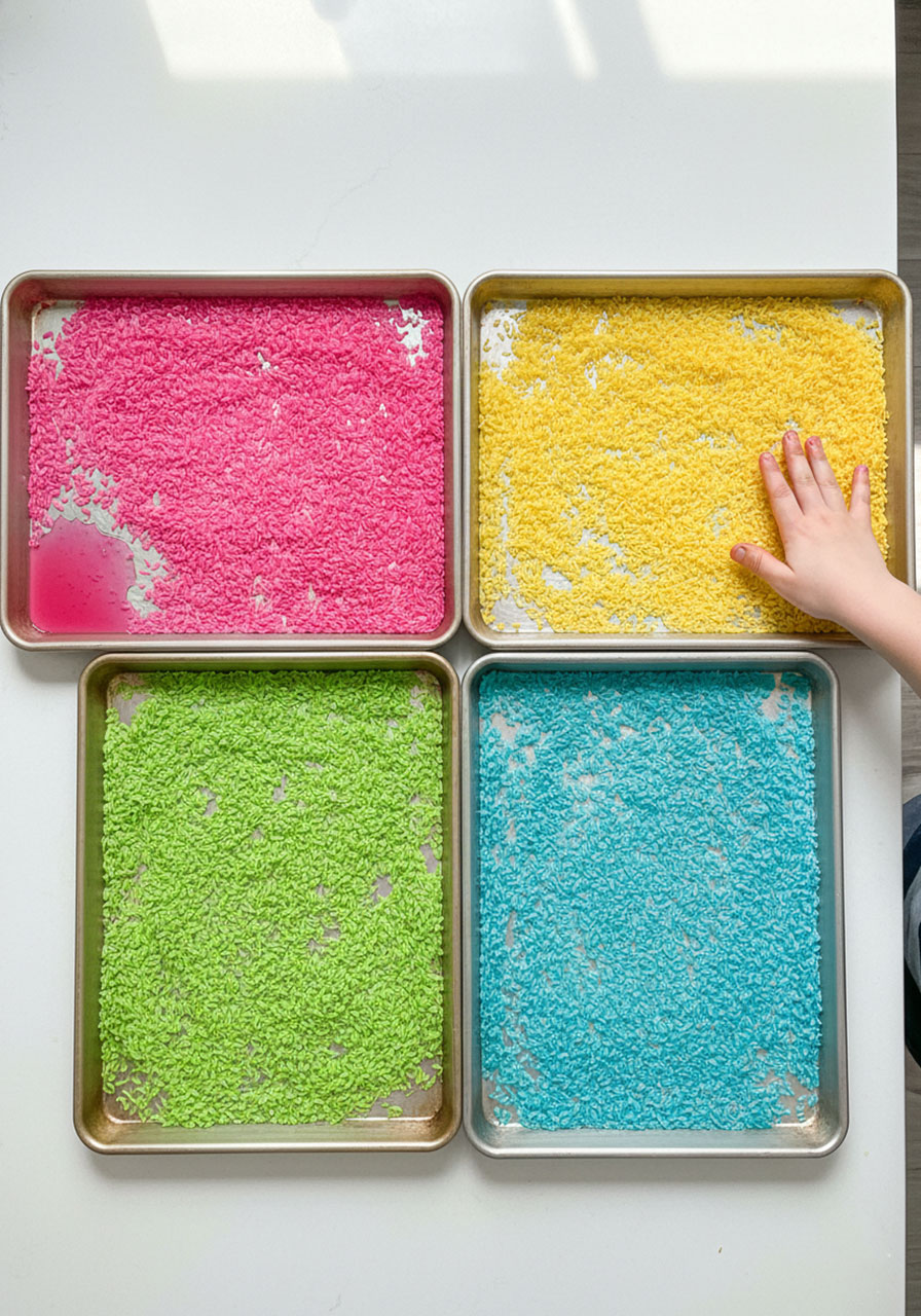 Rainbow rice in four colors drying on cookie sheets during Easter sensory bin preparation