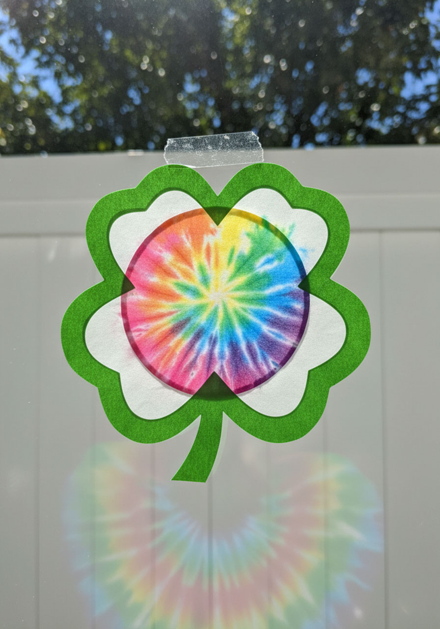 DIY shamrock suncatcher made with tie-dyed coffee filter creating rainbow stained glass effect in window for St. Patrick's Day