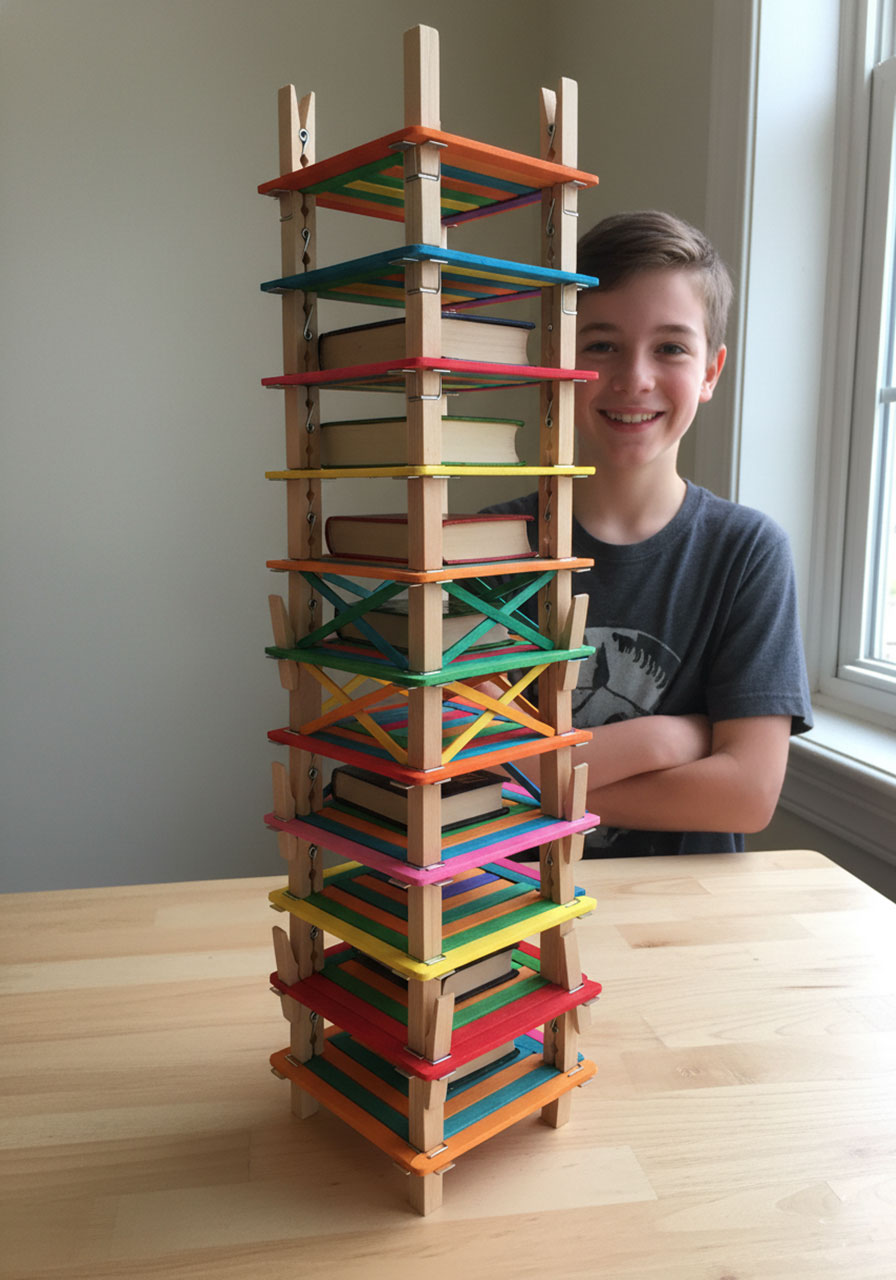 Impressive 10-level rainbow skyscraper structure made with clothespins and colorful craft sticks holding books on multiple floors in ultimate kids engineering challenge
