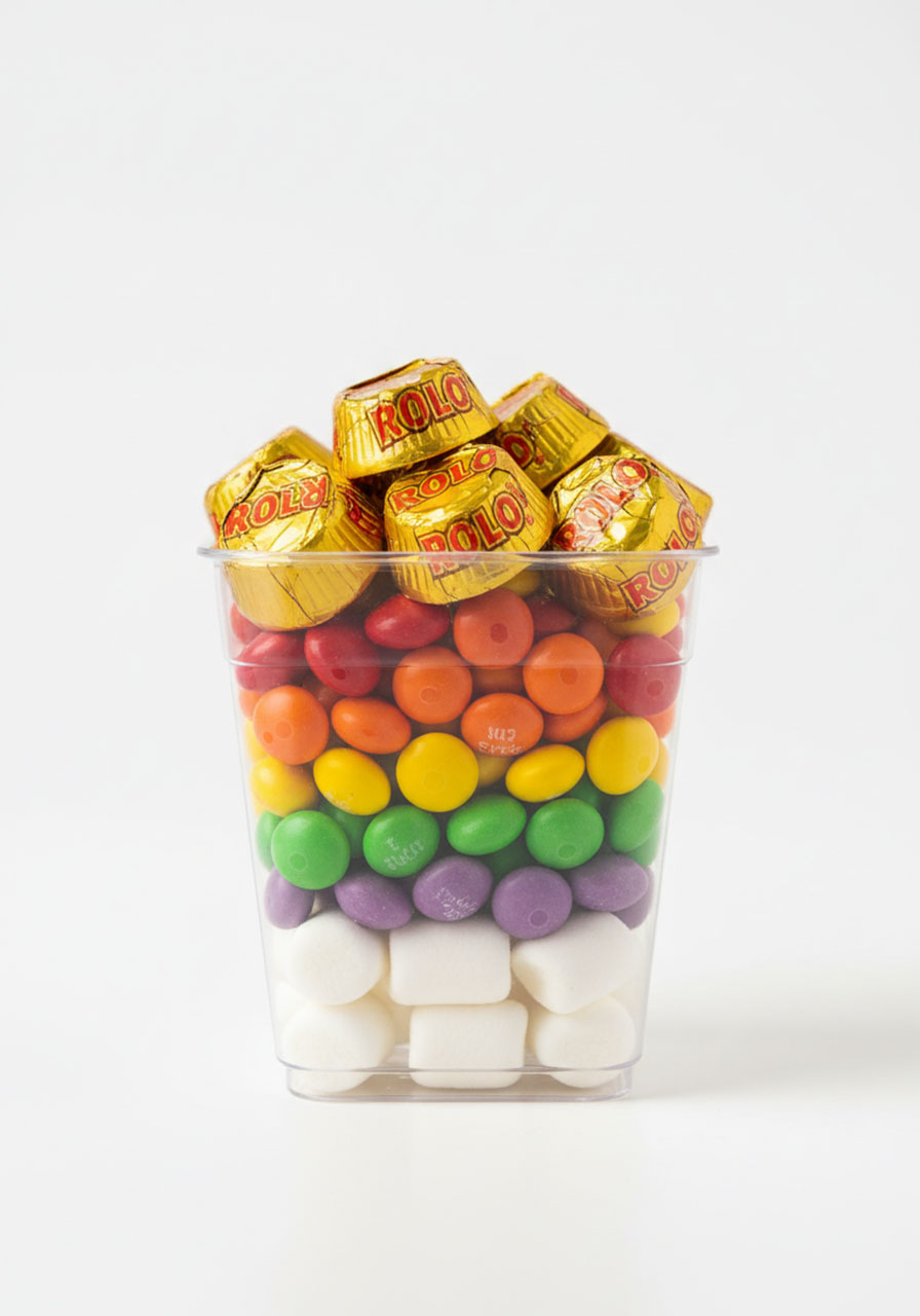 Detailed close-up of rainbow Skittles layers and Rolo pot of gold in clear St. Patrick's Day snack cup