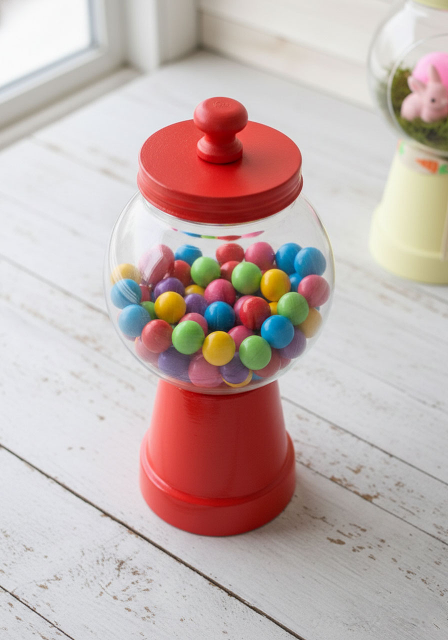 Red painted gumball machine craft variation filled with colorful gumballs for year-round decoration
