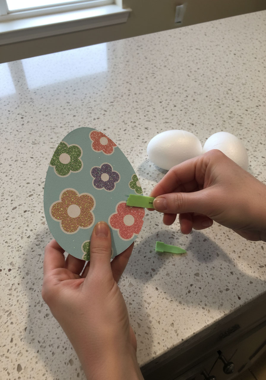 Hands snapping off plastic stakes from Dollar Tree foam Easter eggs to prepare for attaching to topiary pole