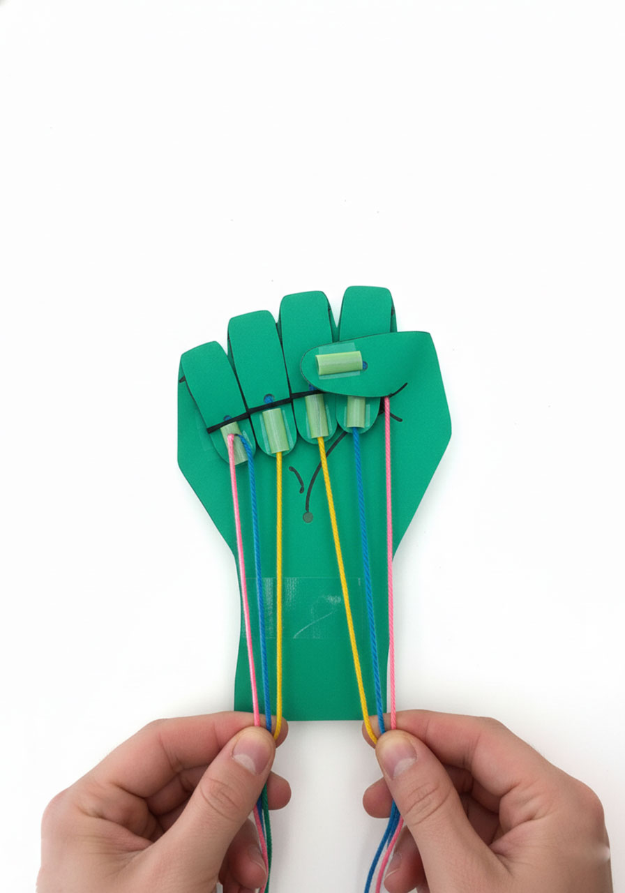 DIY robot hand forming complete fist with all yarn strings pulled demonstrating coordinated finger movement for STEM learning