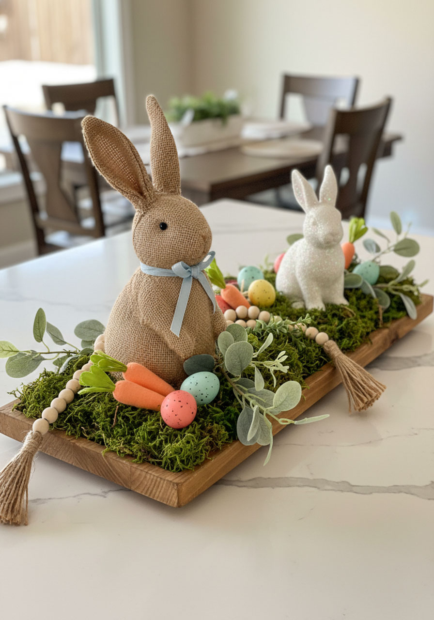 Rustic bunny centerpiece in wooden tray with burlap rabbit, moss, pastel eggs and eucalyptus greenery