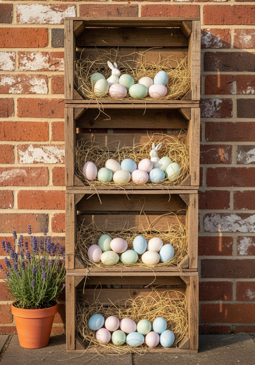 Stacked rustic wooden crates filled with pastel Easter eggs and lavender for farmhouse Easter porch decor