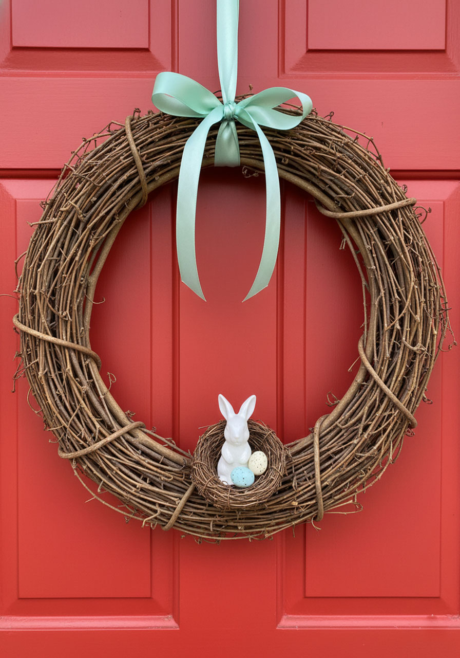 Simple rustic grapevine wreath with twig nest and white bunny figurine on red front door for Easter