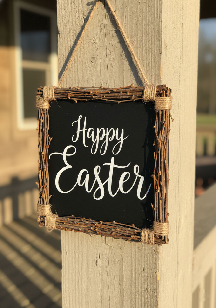 Rustic twig-framed chalkboard Happy Easter sign hanging on wooden porch post for spring outdoor decor