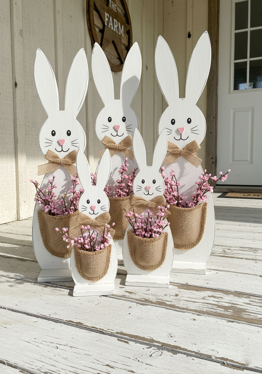 Rustic hand-painted wooden bunny family with burlap pockets on farmhouse front porch - Easter porch decor
