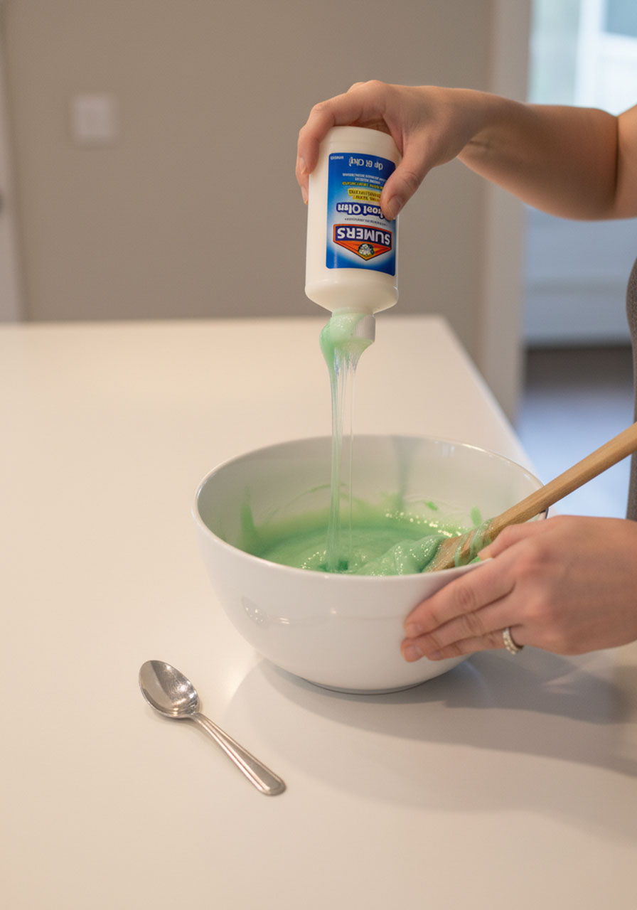Pouring saline solution into green slime mixture to activate and form slime