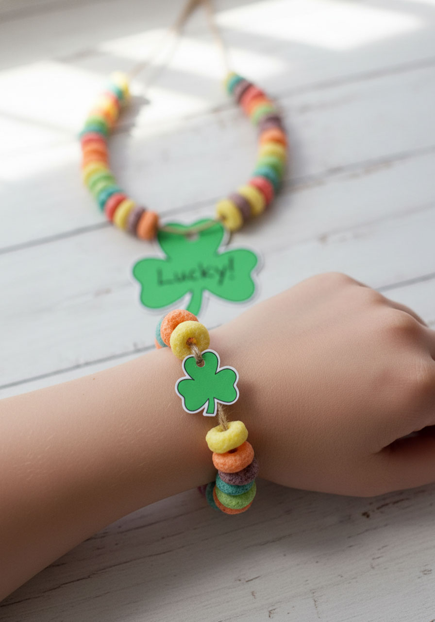 DIY shamrock bracelet variation of St. Patrick's Day necklace craft for kids
