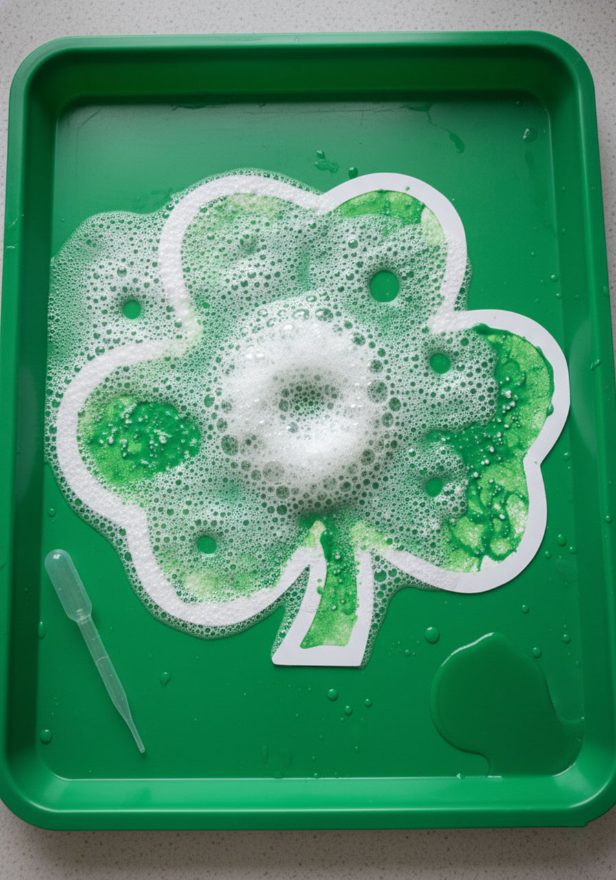 Fully fizzing shamrock covered in white foam bubbles from baking soda and vinegar reaction during St. Patrick's Day STEAM activity