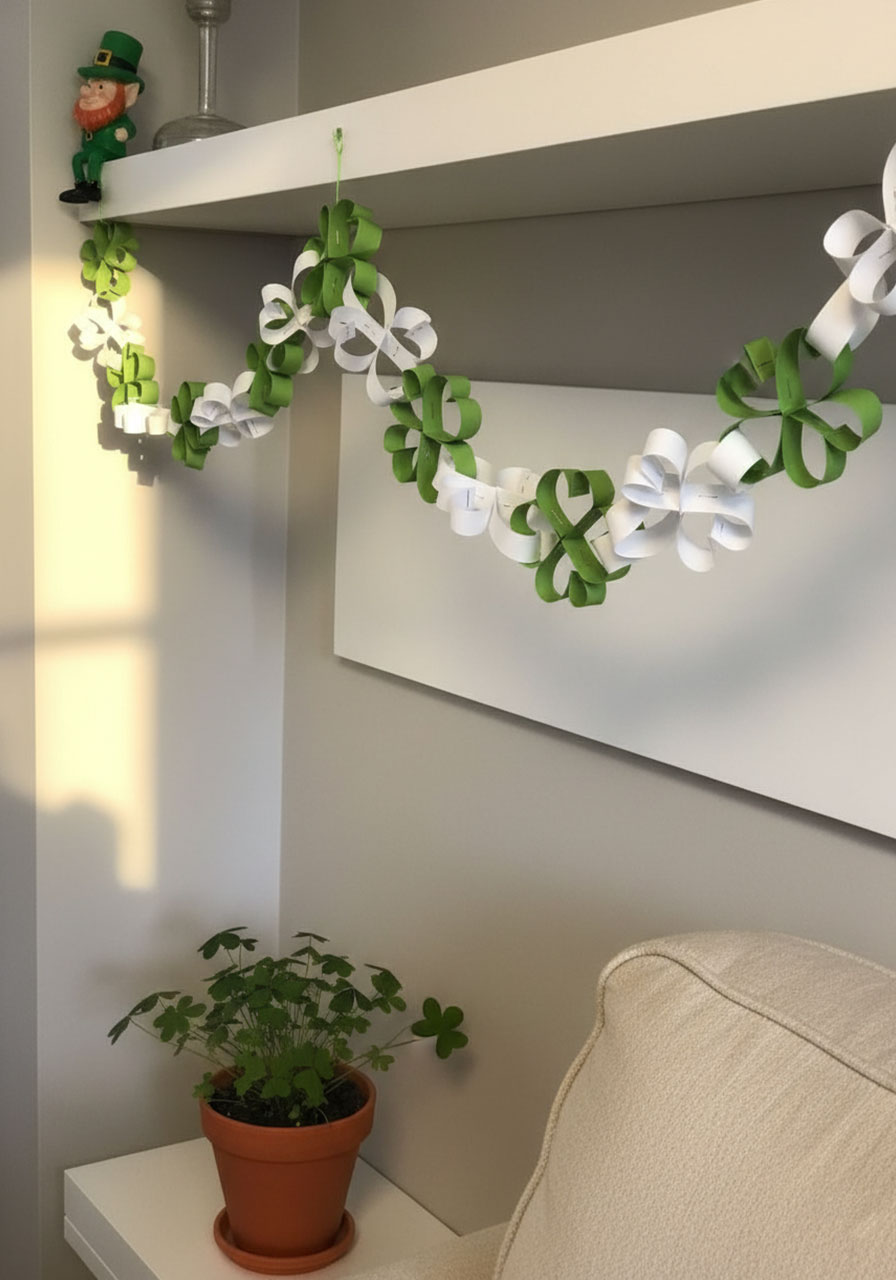 Green and white shamrock paper chain displayed across home fireplace mantel for St. Patrick's Day decoration