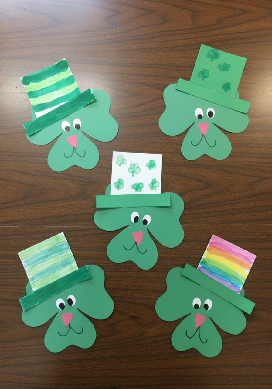 Five completed shamrock puppy crafts with different decorated hat styles showing creative variations for kids
