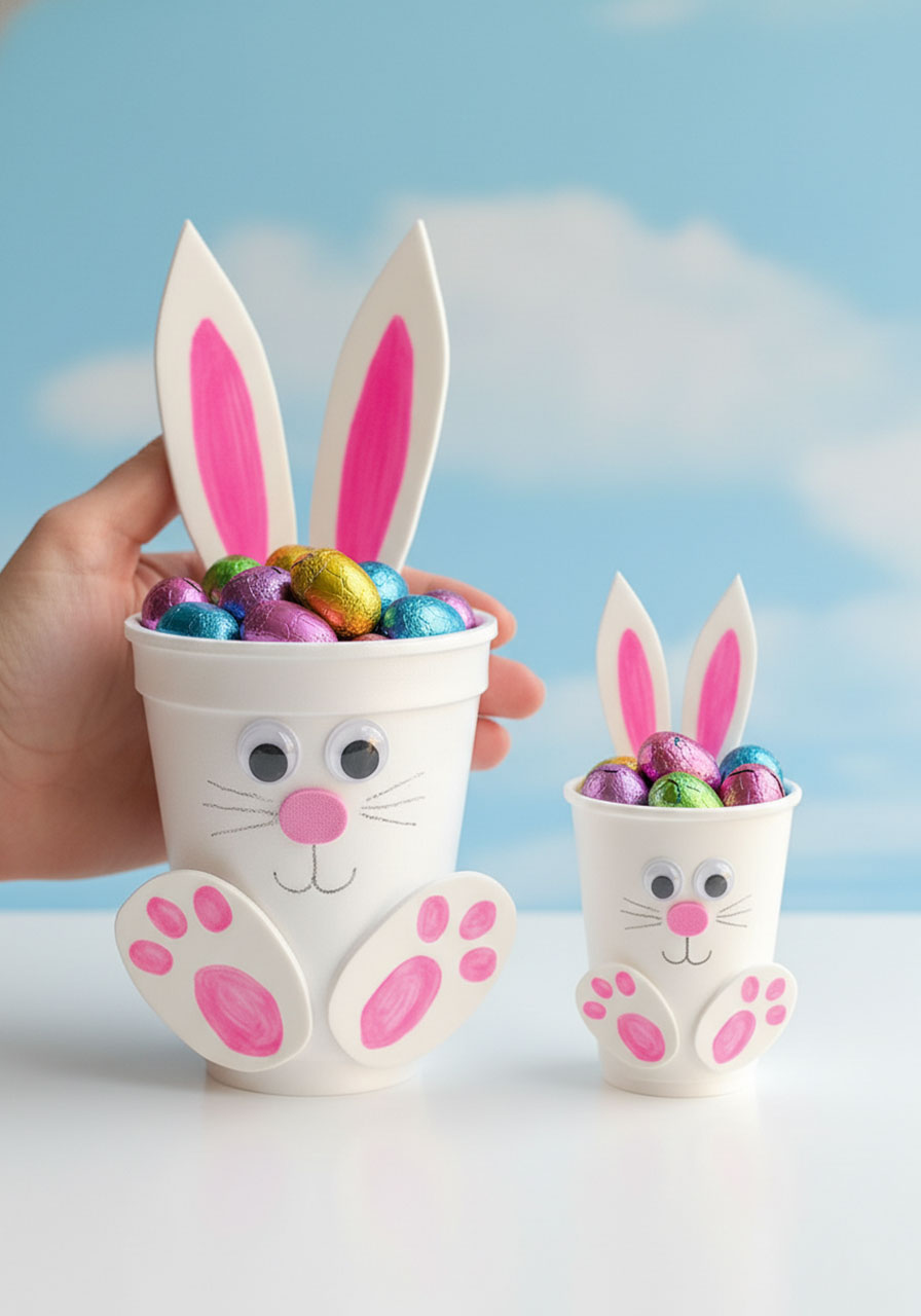 Size comparison showing large styrofoam cup bunny filled with treats next to smaller Dixie cup bunny for portion control during Easter crafts