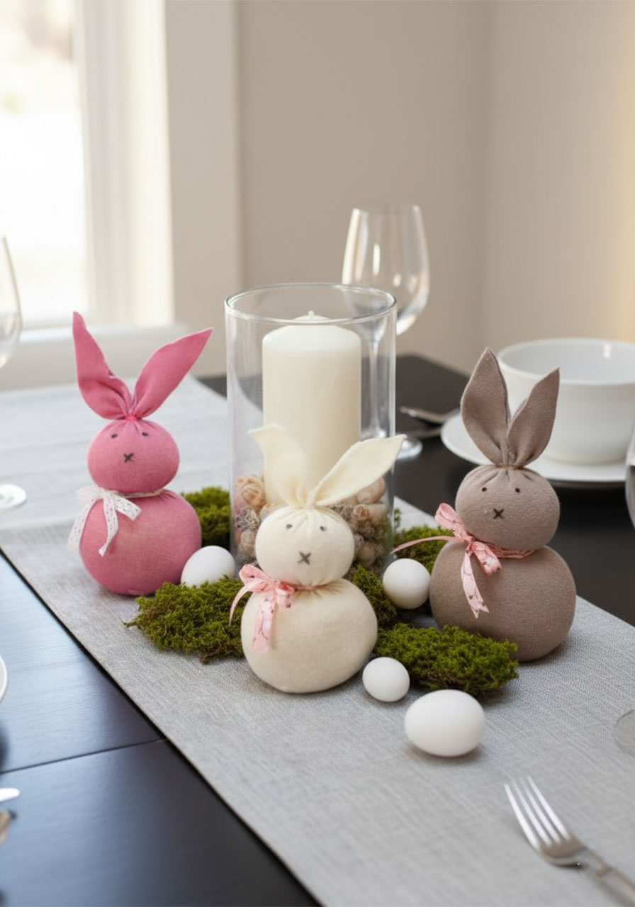 Easter table centerpiece with three no-sew sock bunnies arranged with a candle vase and spring decorations
