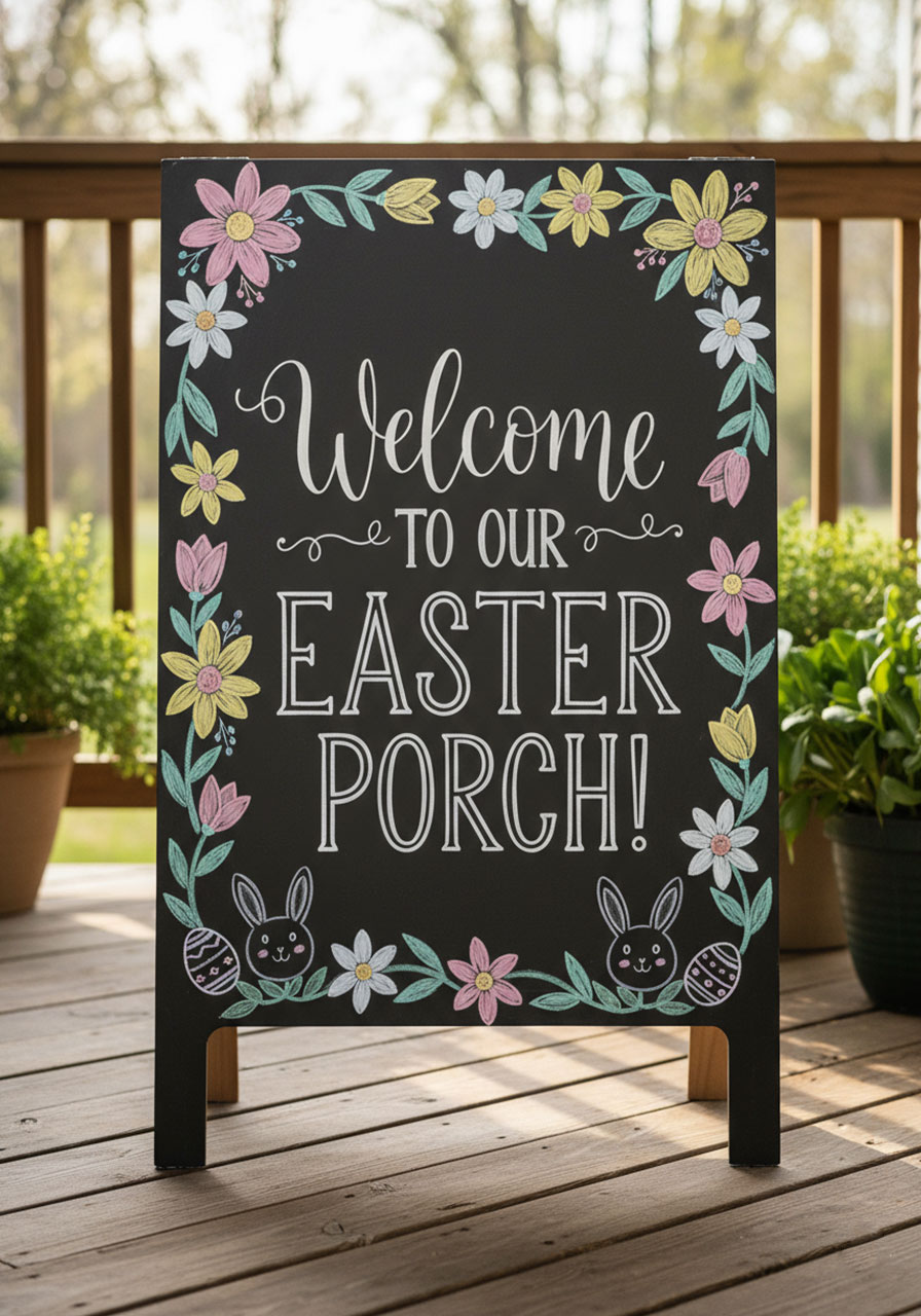 Hand-lettered Welcome to Our Easter Porch chalkboard sign with chalk flower border for spring outdoor decor