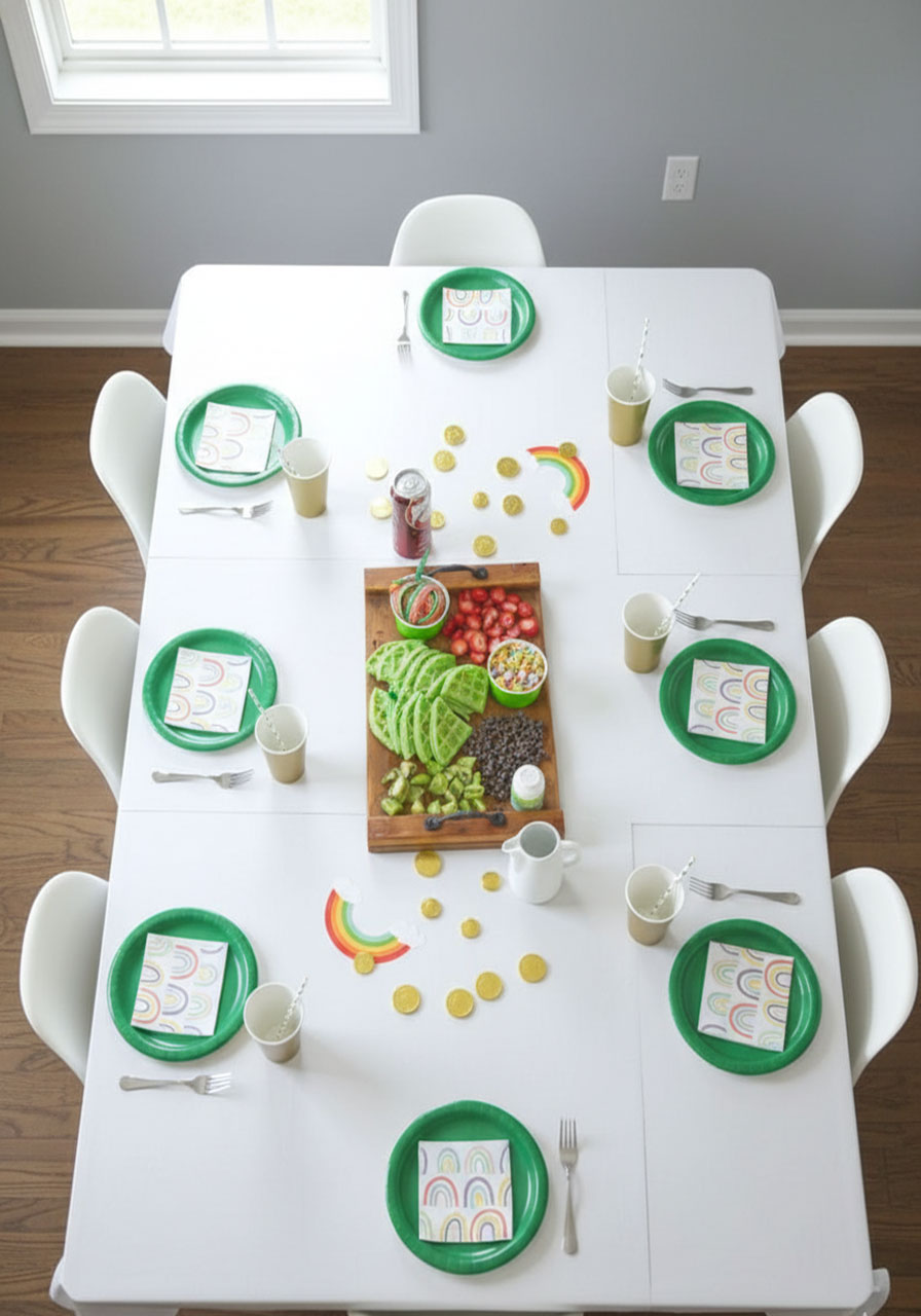 Complete St. Patrick's Day breakfast table setup with green plates, rainbow decorations, and waffle charcuterie board centerpiece for kids