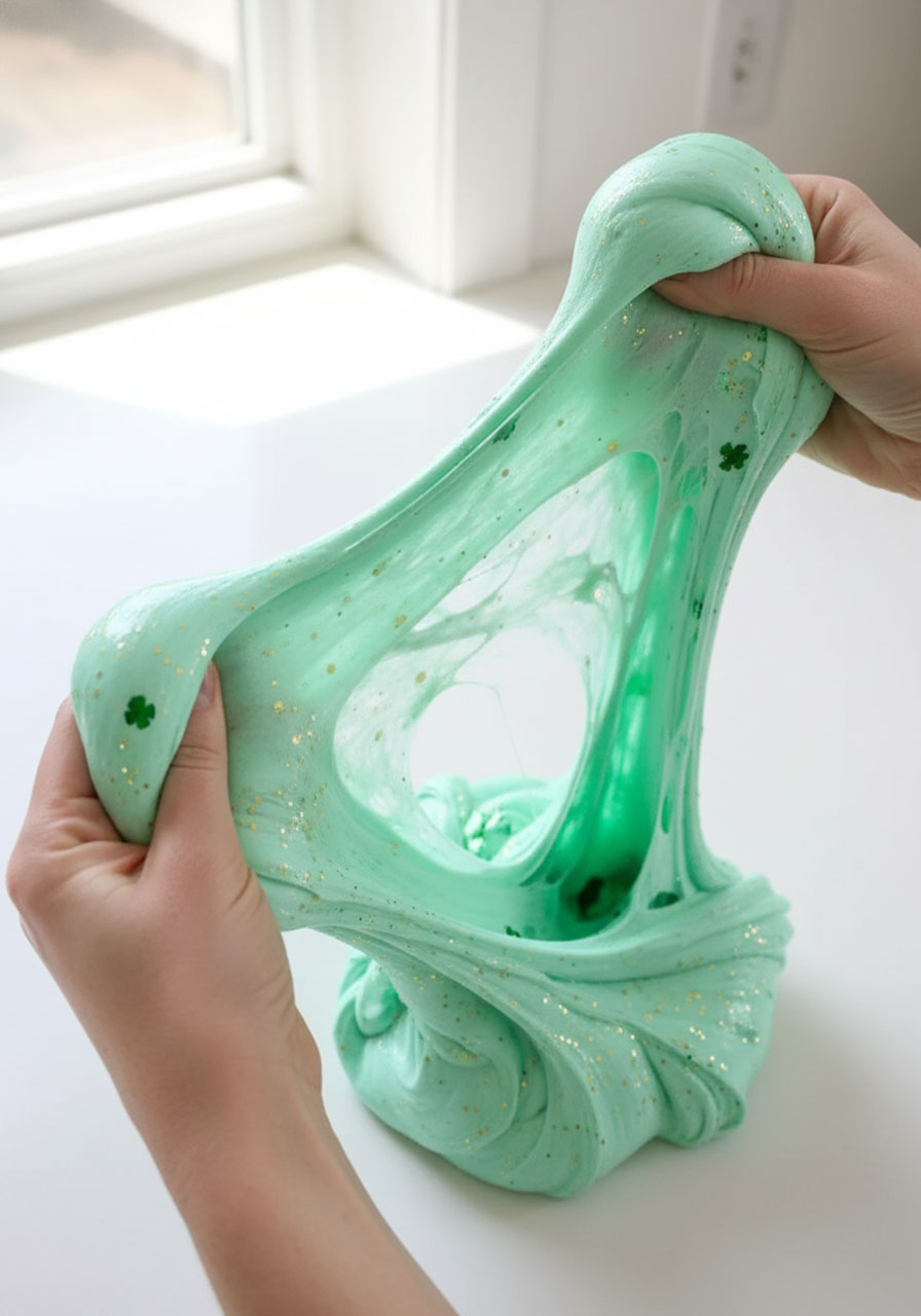 Hands stretching bright green fluffy slime with gold glitter for St Patrick's Day craft activity