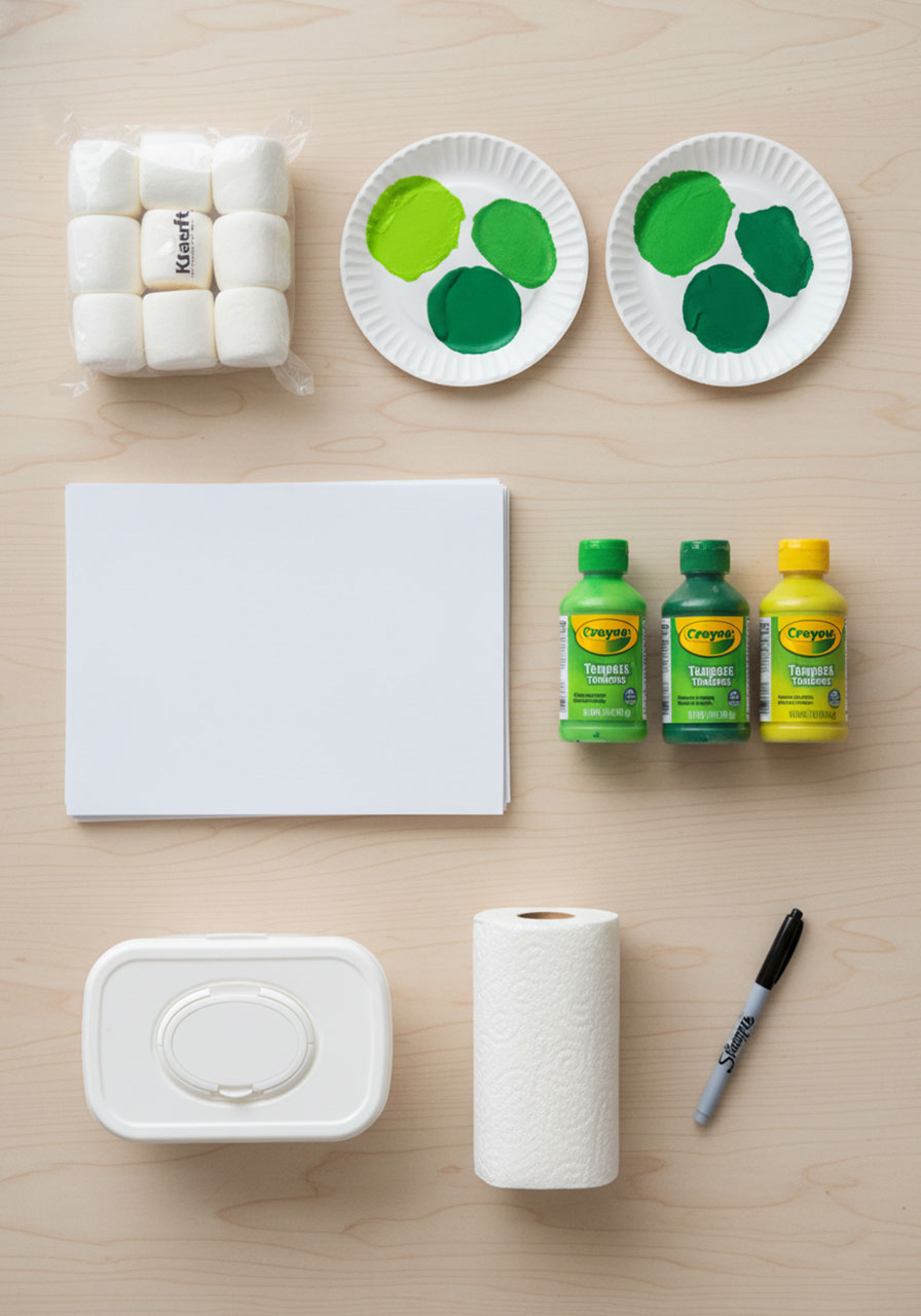 All materials needed for marshmallow shamrock stamping including jumbo marshmallows, green paint, white paper, and wet wipes laid out on table