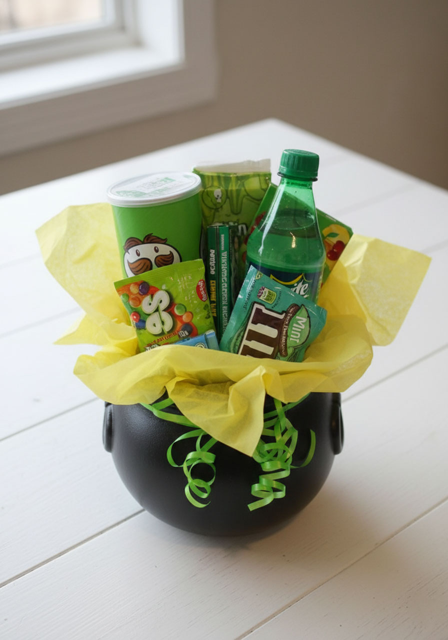 Finished St. Patrick's Day pot o' treats with black cauldron filled with yellow tissue paper, green snacks including Pringles, Sprite, and candy, decorated with green curling ribbon