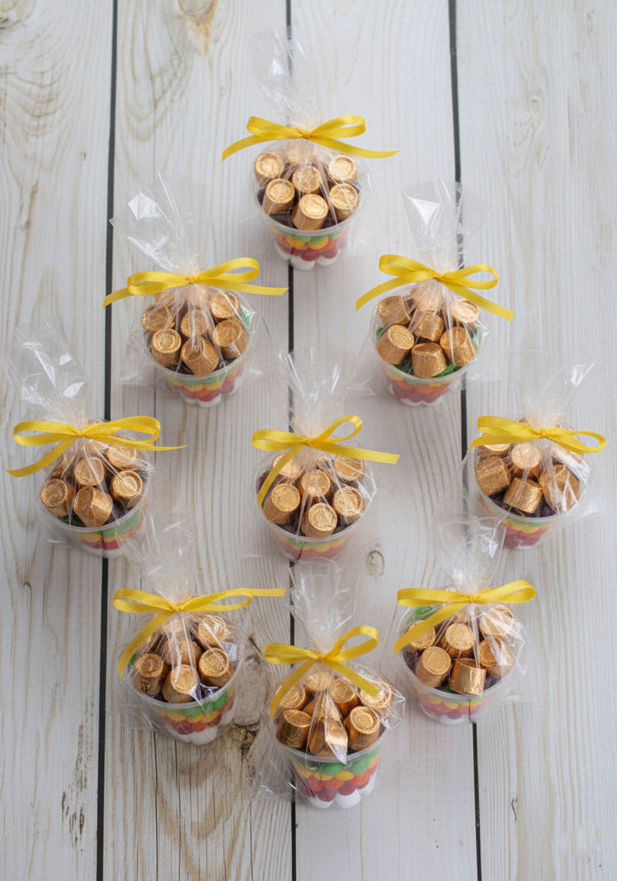 Completed St. Patrick's Day rainbow snack cups with colorful Skittles layers and Rolo pot of gold arranged on white wooden table
