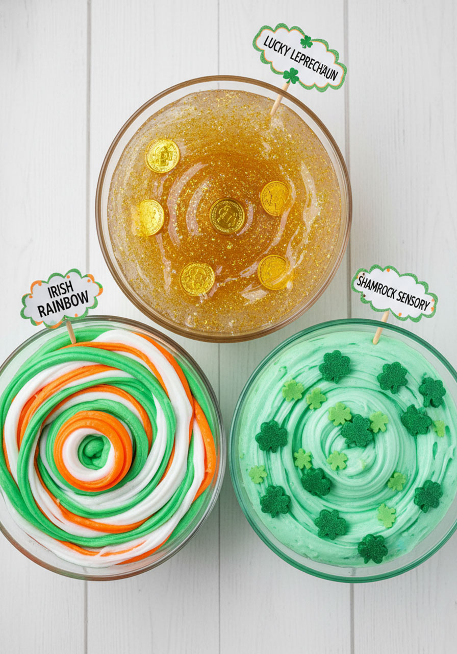 Three variations of St Patrick's Day slime including Lucky Leprechaun, Rainbow, and Shamrock Sensory slime