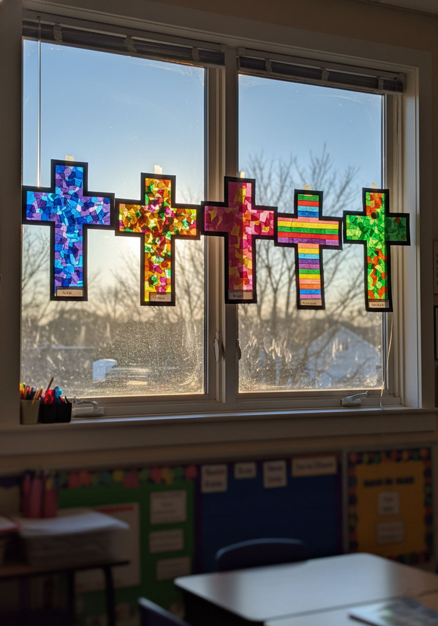 Five colorful kindergarten stained glass cross crafts displayed in sunny classroom window during Lent season