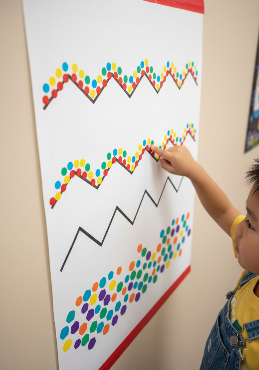 Completed wavy line showing organized color pattern with dot stickers compared to random placement on zigzag line