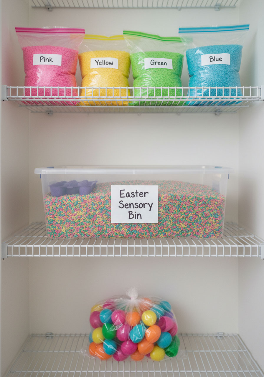 Organized storage of reusable rainbow rice and Easter sensory bin materials in labeled containers on shelf
