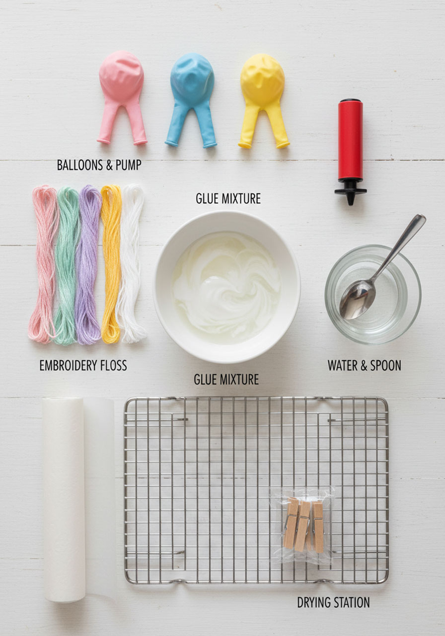 Complete materials needed for making string Easter eggs including balloons, embroidery floss, glue, and supplies