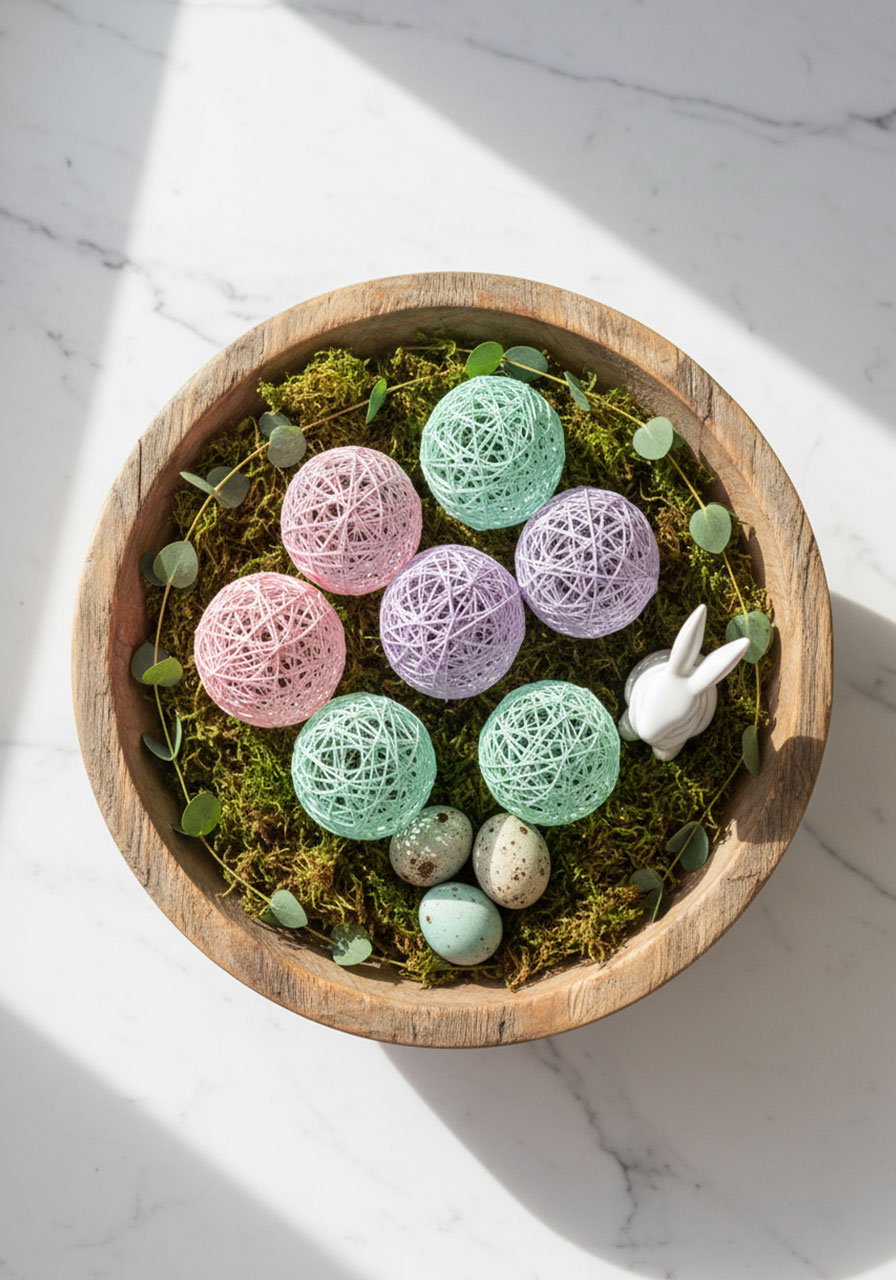 String Easter eggs arranged in wooden bowl with moss and natural elements as Easter centerpiece