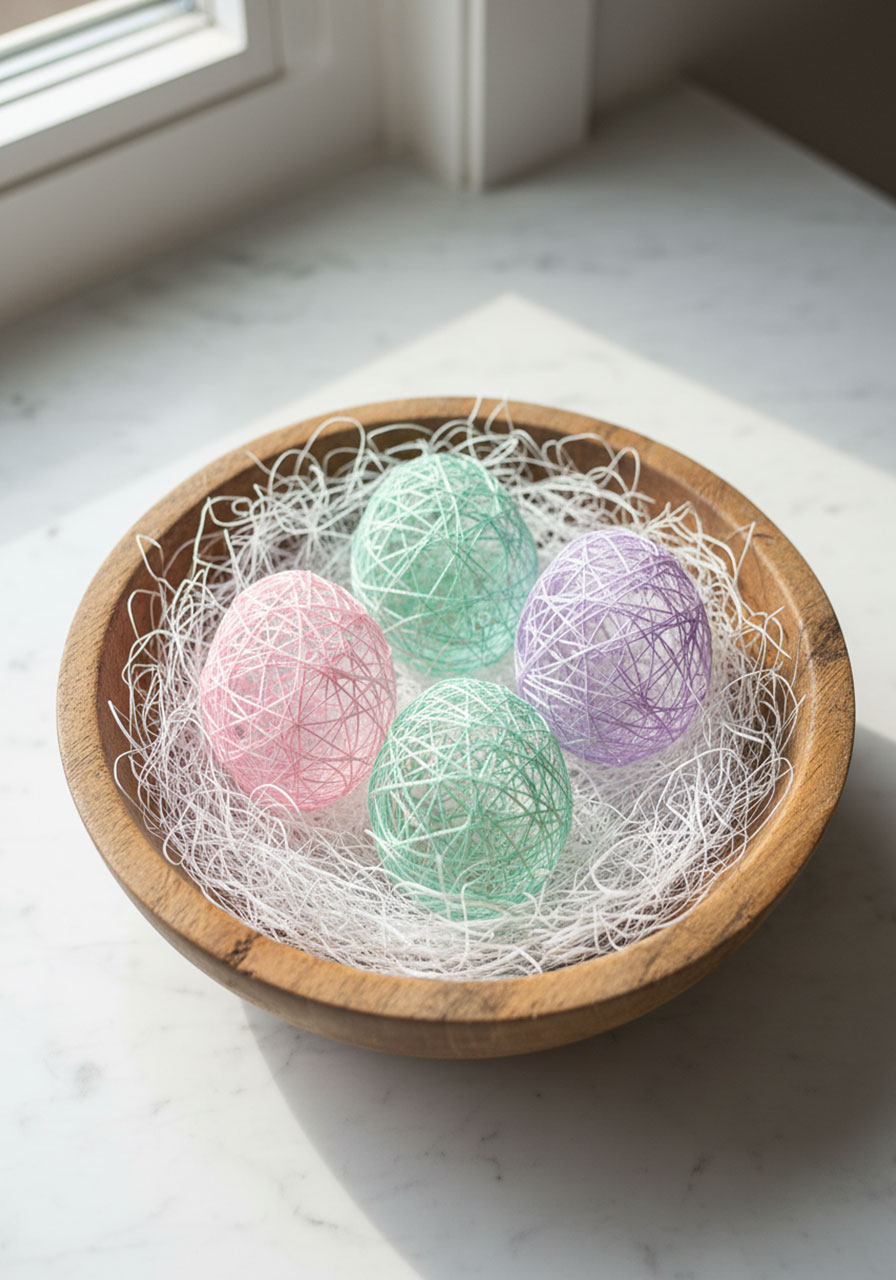Finished string Easter eggs in pastel colors displayed in wooden bowl with Easter grass
