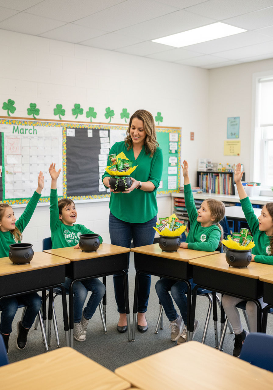 Elementary teacher showing completed pot o' treats to excited students in classroom with St. Patrick's Day decorations