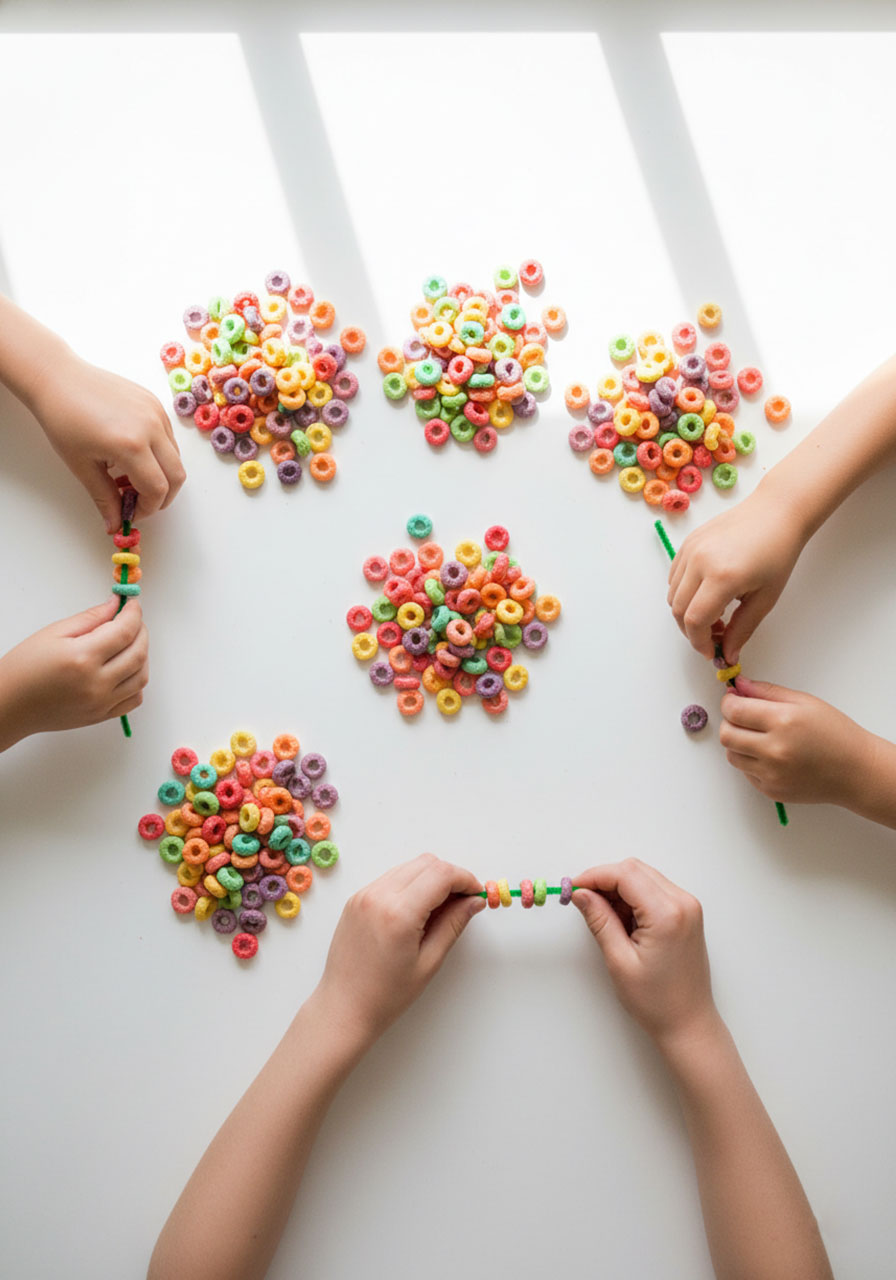 Thread the Rainbow St. Patrick's Day Minute to Win It game with kids stringing Fruit Loops cereal on pipe cleaners