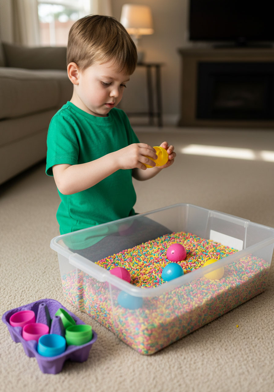 Young child matching and snapping together plastic Easter egg halves while playing with rainbow rice sensory bin