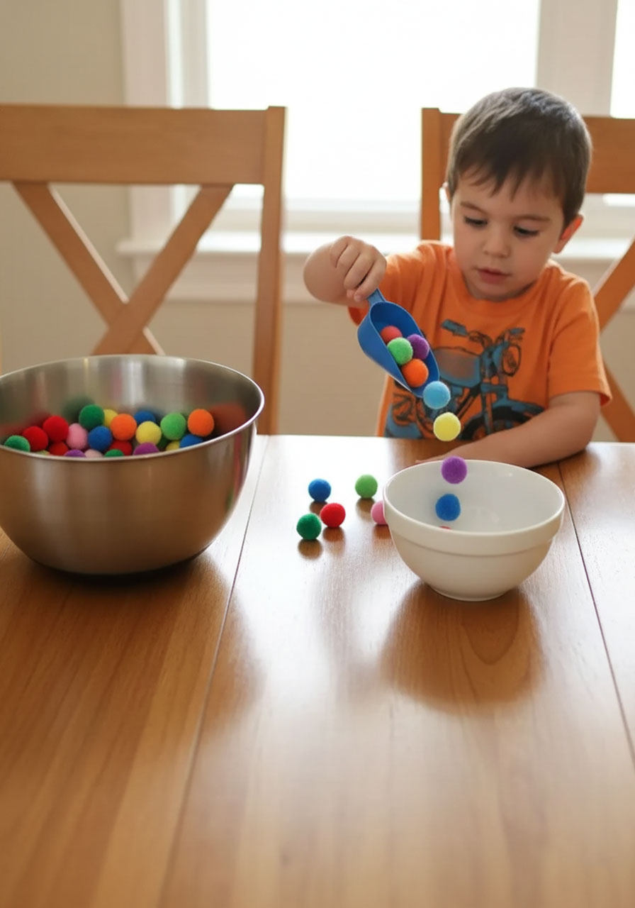 Toddler using scoop to transfer colorful pom poms between bowls for fine motor practice and hand-eye coordination