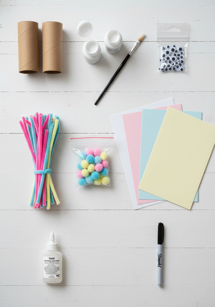 Flatlay of all craft supplies needed to make toilet paper roll bunny including paint, googly eyes, pipe cleaners, and cardstock	