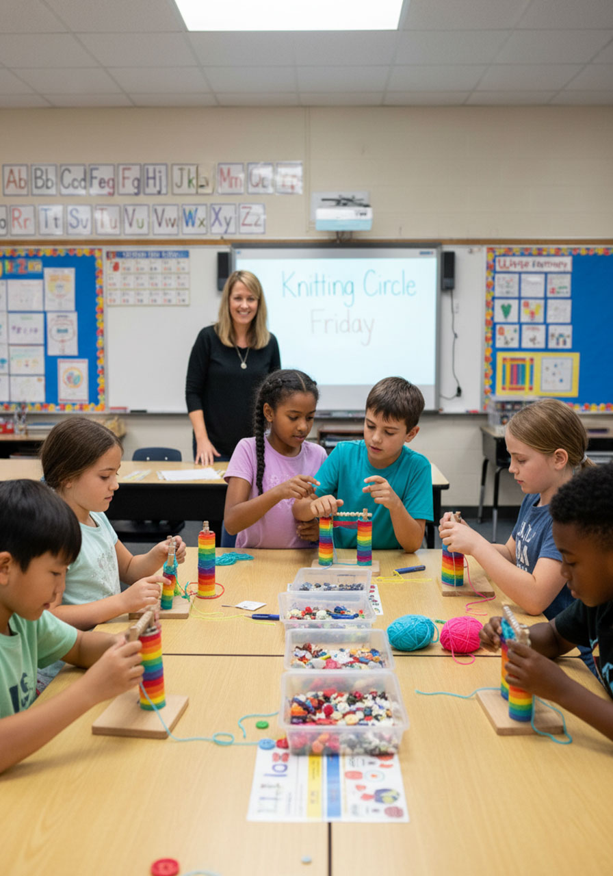 Elementary school children doing toilet roll French knitting as classroom craft activity showing collaborative learning and teacher supervision