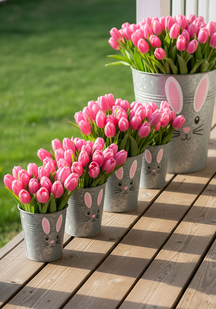 Row of galvanized buckets with hand-painted bunny faces overflowing with pink tulips for Easter porch decor