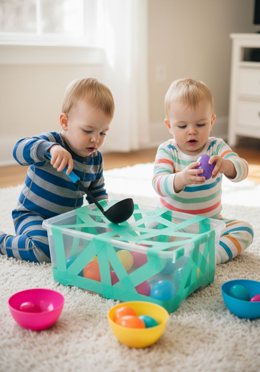 Two toddler twins playing Easter egg rescue activity together showing collaborative fine motor skill development