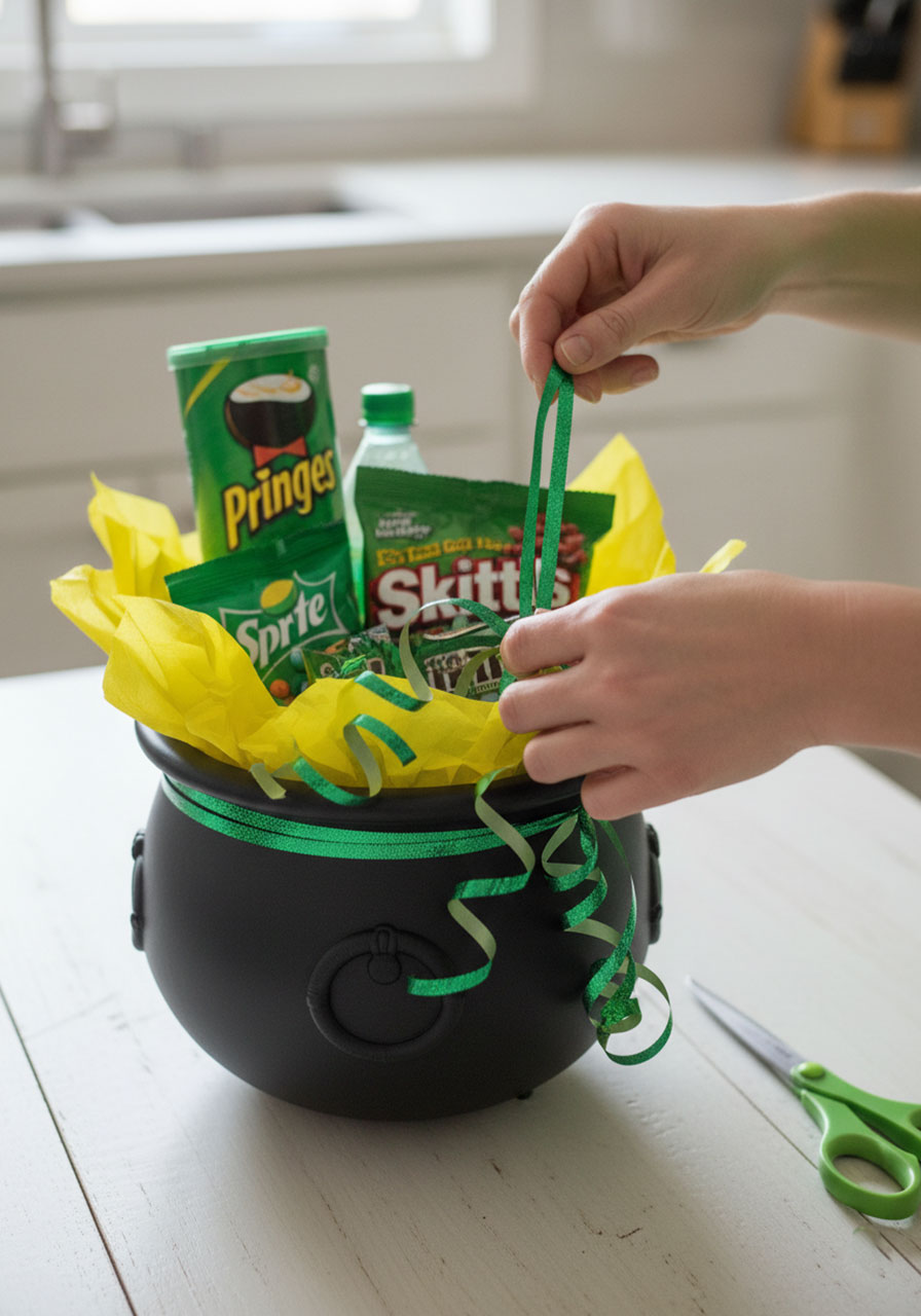 Hands tying green curling ribbon around rim of pot o' treats filled with snacks, showing final decoration step