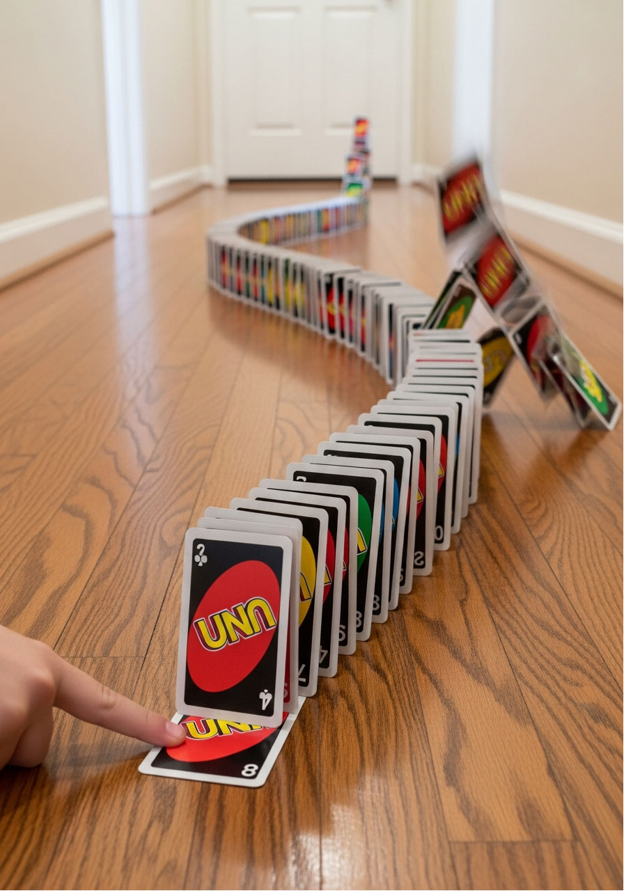 UNO cards arranged in domino formation with child's finger about to start chain reaction on floor