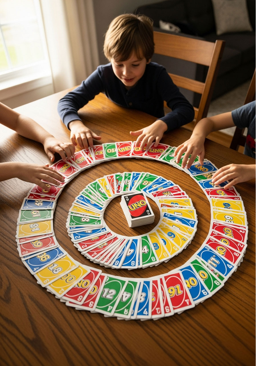 Colorful UNO cards spread out on table with children's hands reaching to play fun games beyond traditional rules